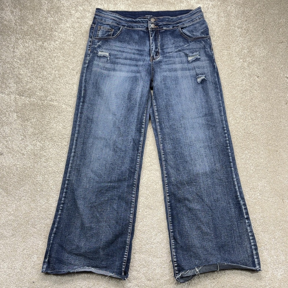 Roswear Jeans Womens XL Blue Medium Wash High‎ Rise Wide Leg Distressed Denim
